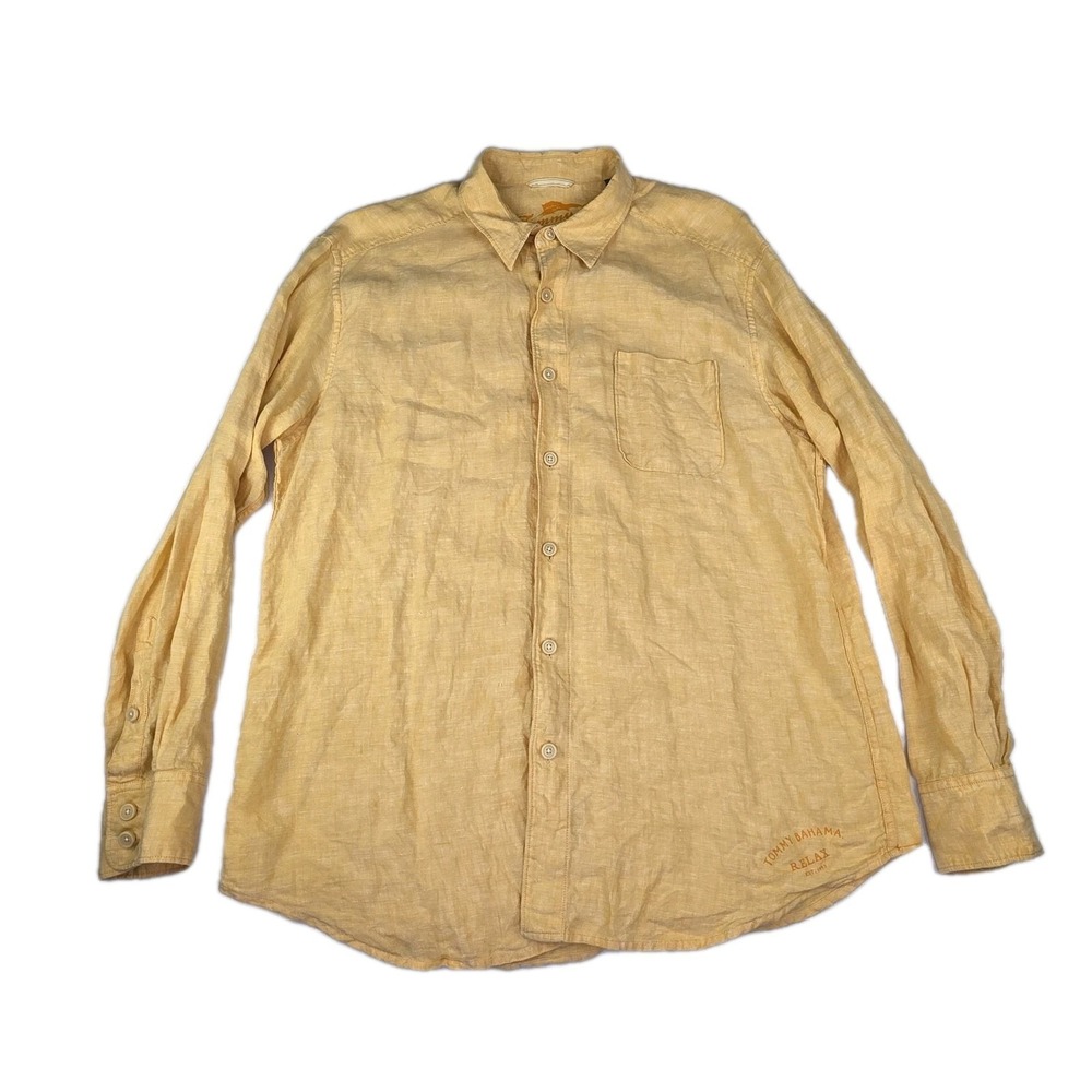 Tommy Bahama Linen Shirt Mens Large Yellow Long Sleeve Button Up Summer Relax